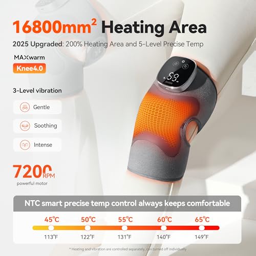 IKEEPFIT Knee Massager with Heat Vibration for Pain Relief MAXwarm 5.0-Heated Knee Brace with 5 Heat Levels and 4 Massage ...