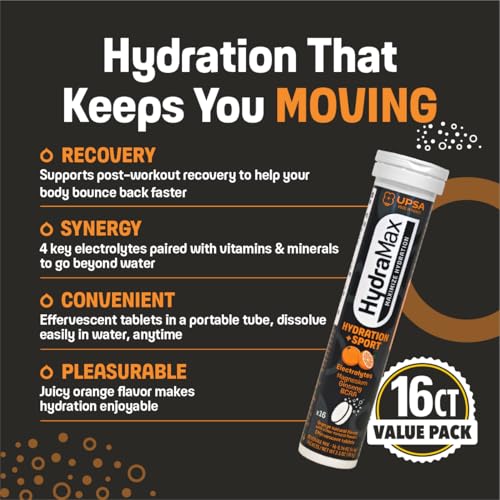 HydraMax Sport Hydration Tablets - Post-Workout Recovery & Muscle Support - 16ct Natural Orange Effervescent - 4 Electroly...