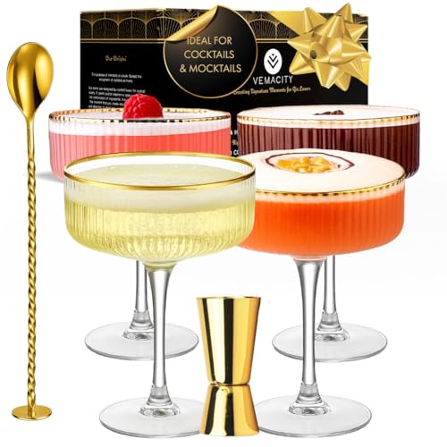 VEMACITY - Ribbed Espresso Martini Glasses Set of 4 with Gold Rims - Vintage Cocktail Glasses for Margaritas, Champagne an...