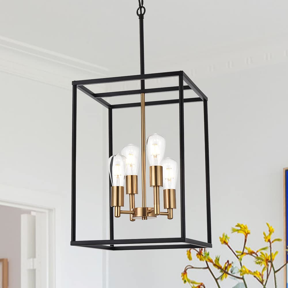 VINLUZ Retro Chandelier 4 Light Metal Square Cage Pendant Lighting Black & Brass Finish for Dining Room & Kitchen Island 270-4BB