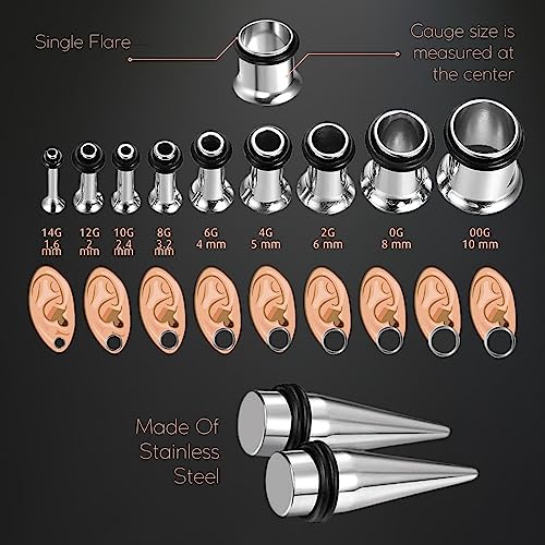BodyJ4You 37PC Ear Stretching Kit - Beginner Gauges 14G-00G Starter Set - Aftercare Balm Wax - Steel Tapers Single Flare P...