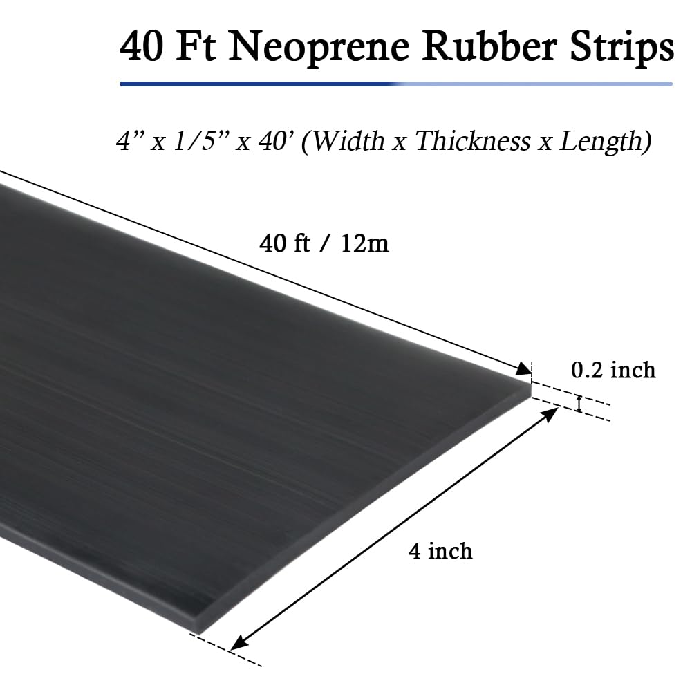 Neoprene Rubber Strips Self Adhesive Solid Rubber Sheets, Rolls & Strips for DIY Gaskets Crafts Pads Seals Warehouse Flooring Neoprene Sheet with Adhesive Backing (4" Wide x 1/5" Thick x 40' Long)