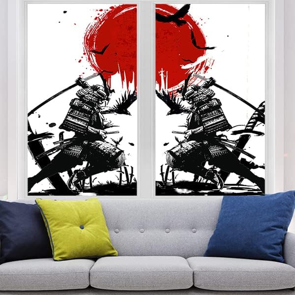 Japanese Samurai Stained Glass Film Watercolor Ink Samurai Sword Red Sun Printwindow Tinting Film for Home,Window Film Stained Glass 23.6Wx35.4L-Inch X2Pcs