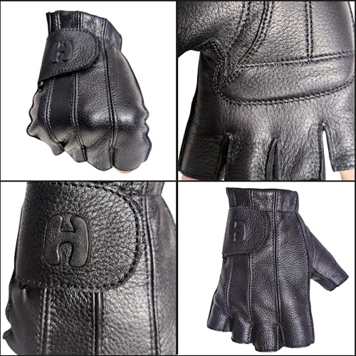 Hugger Glove Company Fingerless Leather Gloves for Men - Driving Gloves with Gel Palm Motorcycle Gloves - Biker, Riding, P...