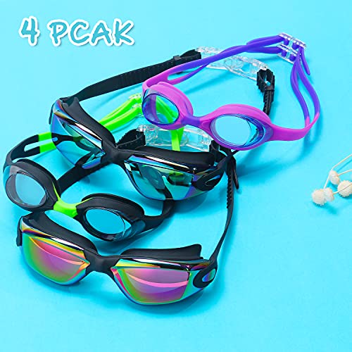 Romoc 4 Pack Kids Swim Goggles Ages 6-14 UV Protection Anti Fog No Leaking Pool Swimming Goggles for Boys Girls Youth