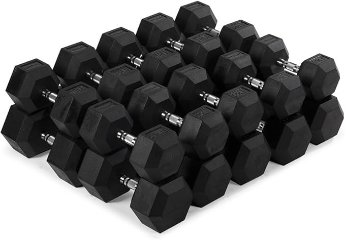 Titan Fitness Rubber Hex Dumbbells, 5 LB-50 LB Set of Pairs, Roll-Resistant Hexagonal Free Weights, Hex Dumbbell set with ...