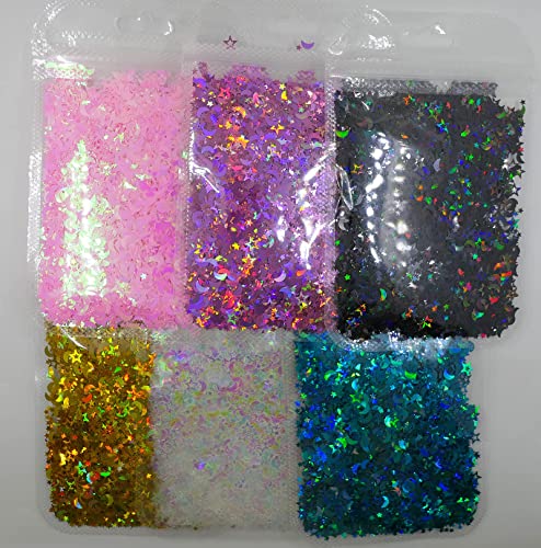 LoveOurHome 6 Colors Star Moon Chunky Glitter Flakes Resin Epoxy Accessories Holographic Black Blue Stars Glitters Confett...