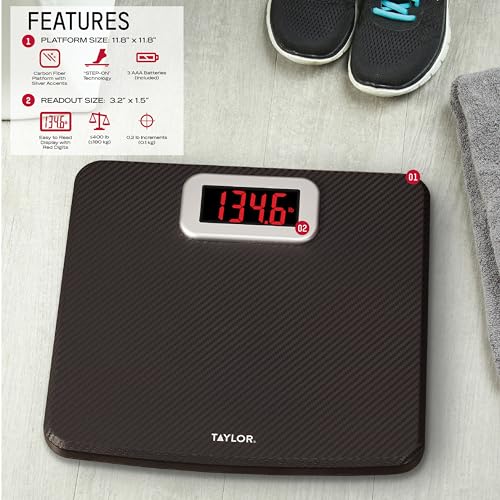 Taylor Digital Bathroom Scale, Body Weight Scale 400 LB Capacity, Carbon Fiber Anti-Slip Mat, 11.8 x 11.8 Inch Platform, B...