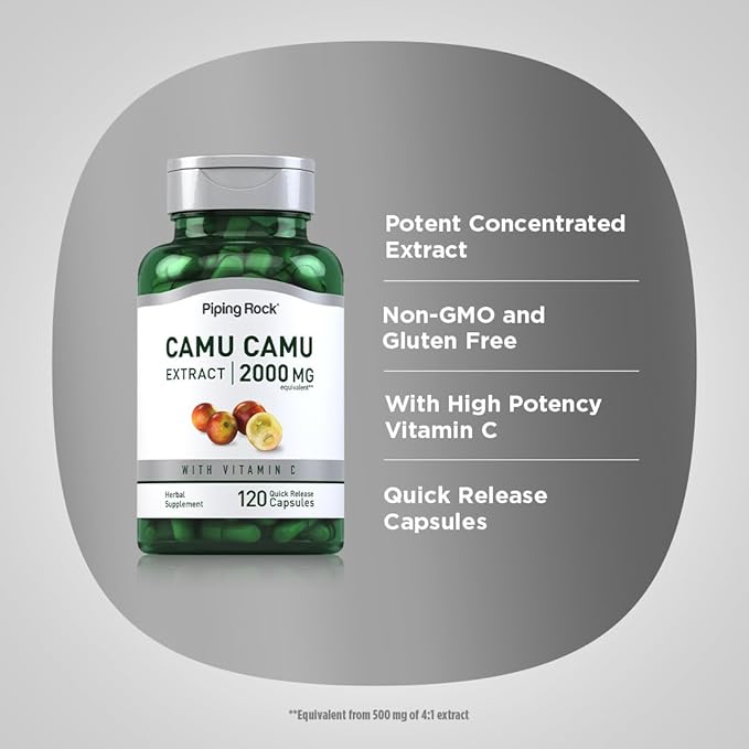 Piping Rock Camu Camu Capsules 2000mg | 120 Pills | Fruit Extract | with Vitamin C | Non-GMO, Gluten Free Supplement