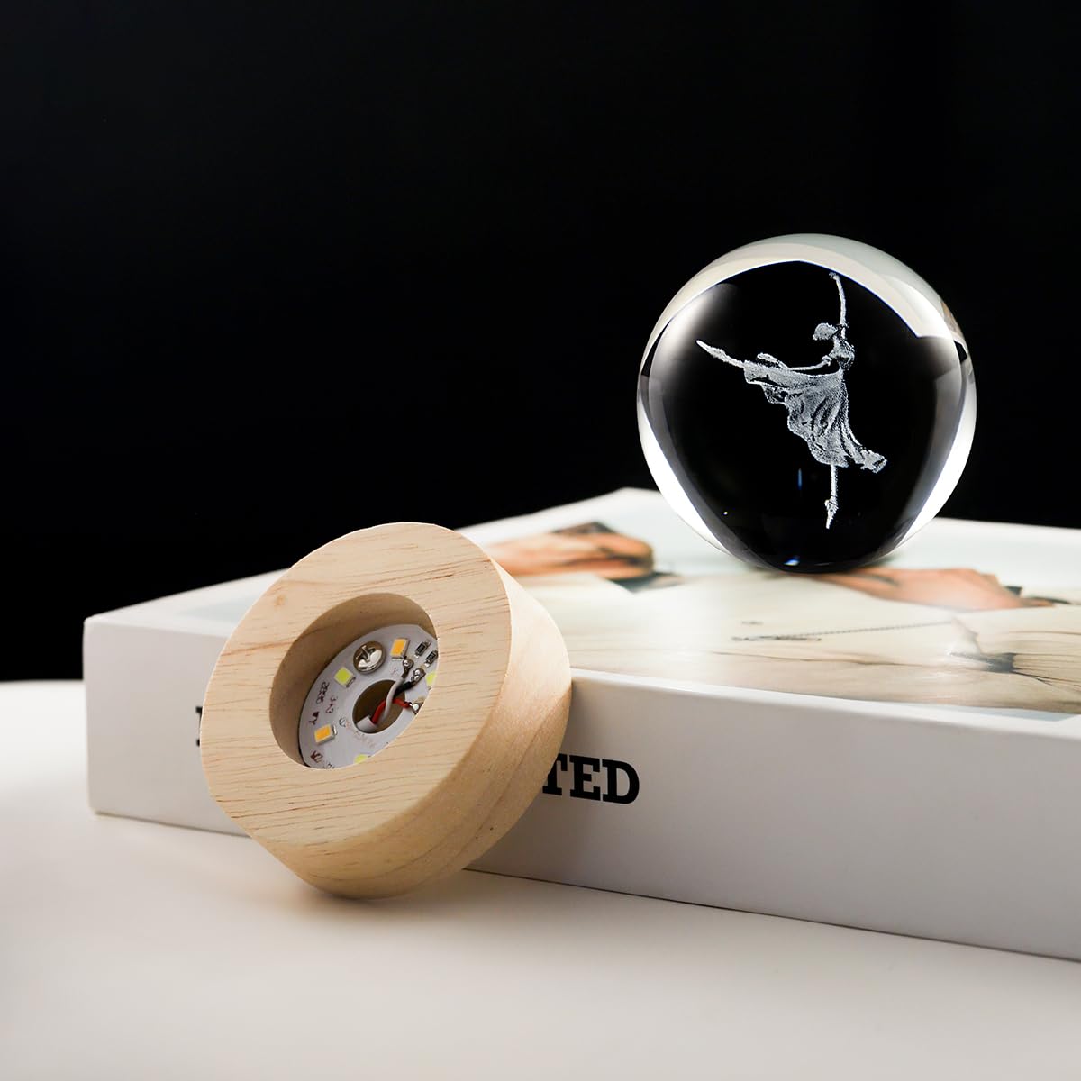Hochance 3D Dancer Crystal Ball Lamp With Adjustable Brightness Led Wooden Base Night Light For Kids Teens mature-themeds Birthday Gift Home Desk Office Bedroom Decor (6Cm / 2.4 )