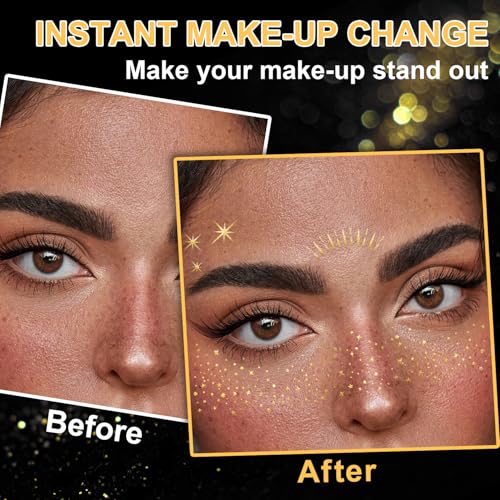 20 Pcs Gold Face Makeup Patches, Glitter Freckles Face Tattoo for Teenagers & Young Women, Sparkle Freckles Makeup Patche...