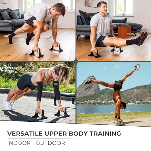 PULLUP & DIP Parallettes - Push Up Handles with Ergonomic Wooden Handles & Heavy-Duty Steel - Non-slip Parallettes Bars fo...