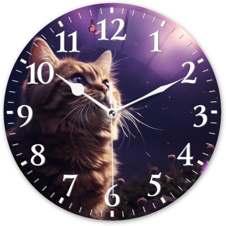 Cat Wall Clock Non-Ticking Silent Clocks Battery Operated Analog Decor Clock for Home-Cute Cat Gazing at Butterflies in The Sky(12inch)