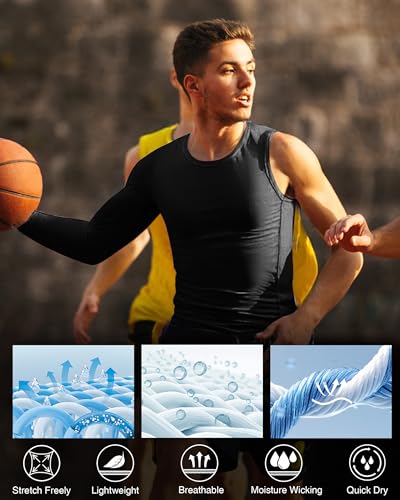 RIKUAOU Mens One Arm Sleeve Compression Shirts 1/2 Long Sleeve Athletic Base Layer Undershirt Basketball Workout Top