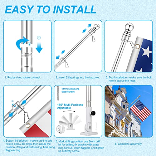 6 FT Flag Pole Kit with Mutil-Position Adjustable Bracket & Metal Tangle Free Flagpole Rings, 1" Thicken Stainless Steel O...