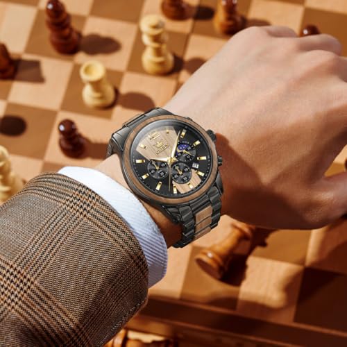 OLEVS Men Watch Blue Gold Analog Quartz Stainless Steel Waterproof Luminous Date Luxury Casual Watch