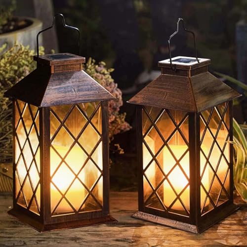 [2 Pack] TAKE ME 14" Solar Lantern Outdoor Garden Hanging Lantern Waterproof LED Flickering Flameless Candle Mission Light...