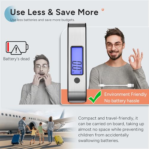 travel inspira Rechargeable Luggage Scale 110lb/50kg - Large Backlit Display - Stainless Steel - Portable Digital Hanging ...