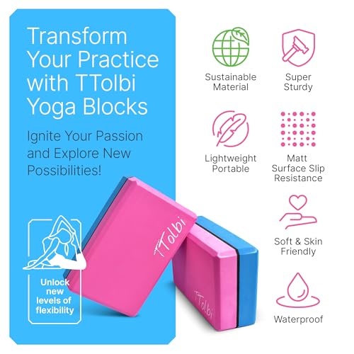 Yoga Blocks 2 Pack with Strap & Guide – Non-Slip EVA Foam Pilates Blocks for Home Workouts, Dance, Ballet, Gymnastics & St...