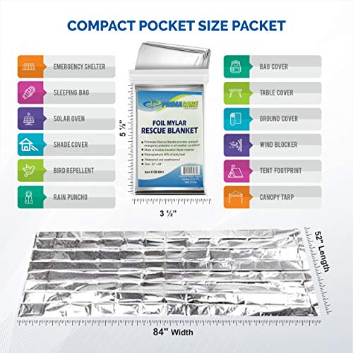 Primacare HB-10 Emergency Mylar Thermal Blankets – 10 Pack, 84" x 52", Silver – Reflective, Waterproof, Retains 90% Body H...