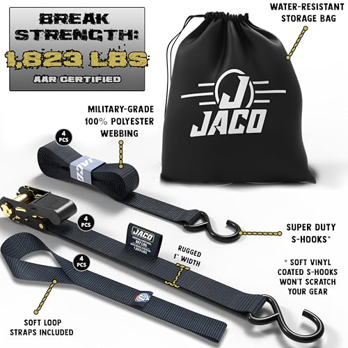 JACO Ratchet Tie Down Straps - 1 inch x 15 ft (Pack of 4) | 1,823 lbs (Black)