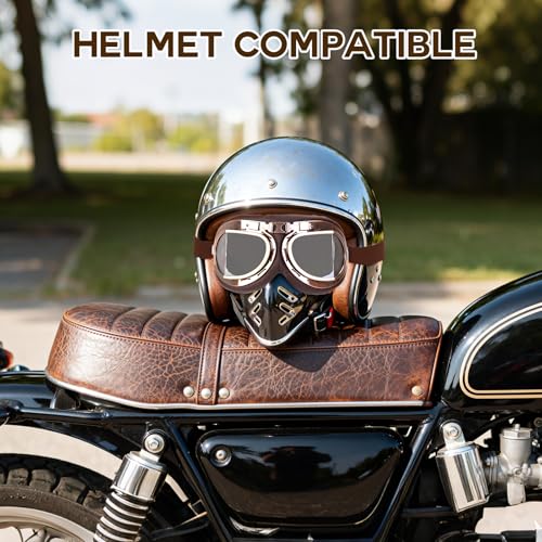 Lievermo Vintage Helmet Goggles 2 Pack Motorcycle Dirt Bike ATV Goggles Vintage Pilot Aviator Cruiser Scooter Off Road Mot...