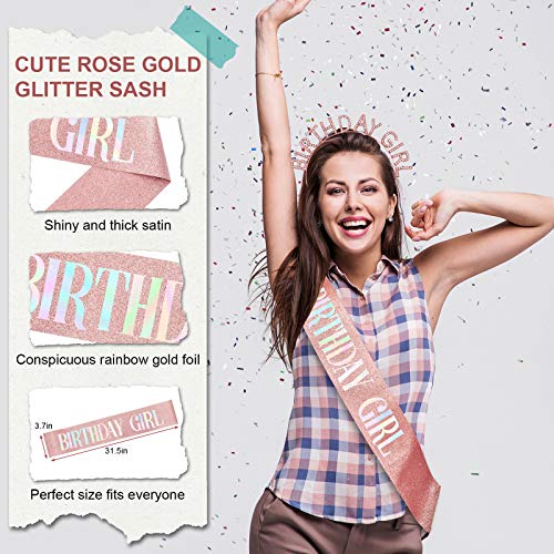 Aurmigle Birthday Crown and Sash Set for Women - Glitter Birthday Girl Sash, Rose-Gold Rhinestone Tiara Headband Gifts Swe...