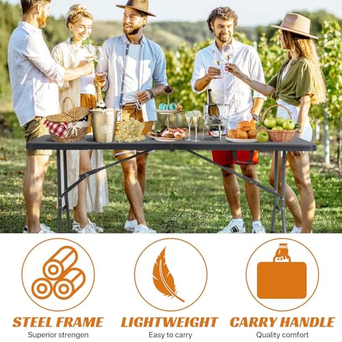 6ft Folding Table - Heavy Duty Portable 6 Foot Plastic Table with Fold-in-Half Design & Carry Handle, Indoor Outdoor Utili...