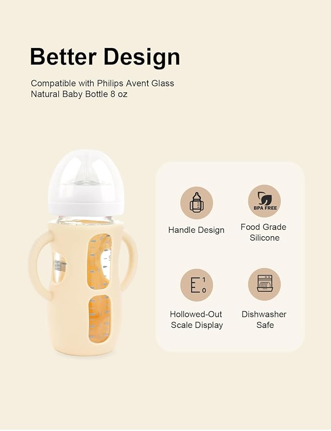 4-Pack Silicone Sleeves for Philips Avent Glass Bottles, BPA-Free Drop-Resistant Baby Bottle Sleeves with Handles, Compatible with Philips Avent Natural Glass Baby Bottles (4 & 8 oz)