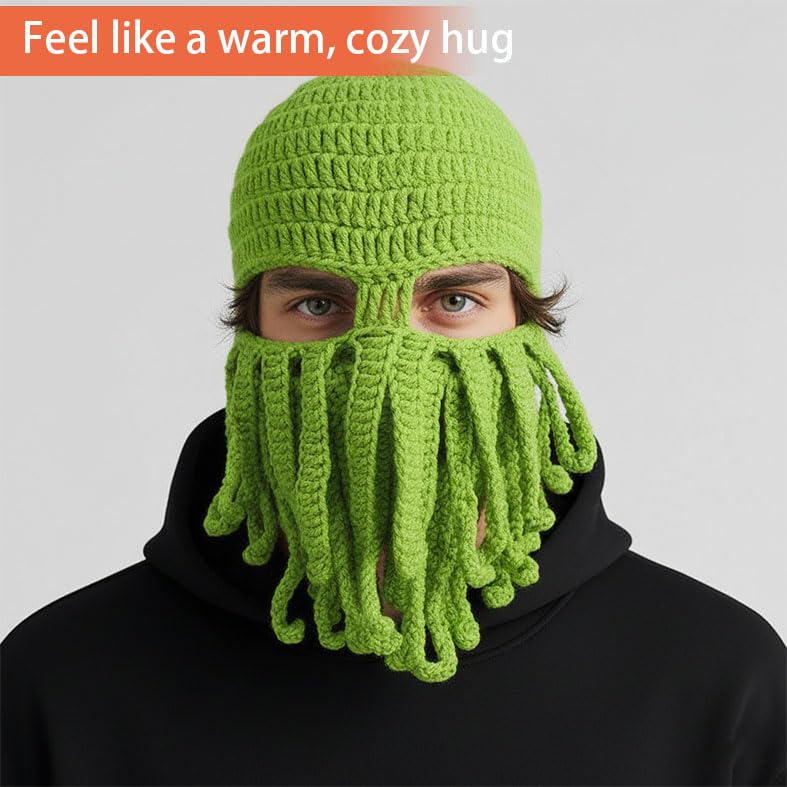 Knitted Octopus Balaclava Beanie, Green Hand-Crafted Winter Hat with Tentacles, Adult Size, for Hiking, Cycling, Outdoor A...