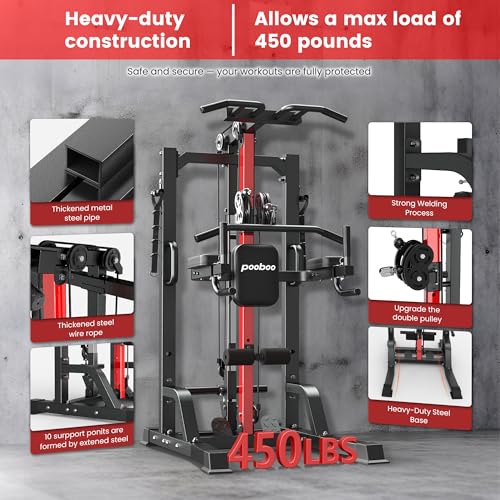 Pull Up Bar Power Tower Dip Station,Cable Machine-Integrated 450LBS Multi-Function Adjustable Height Fitness Strength Trai...
