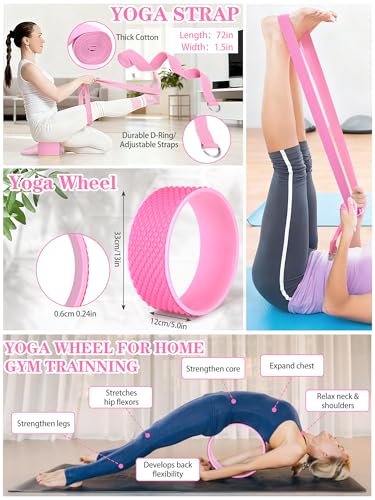 Gemscream 17 Pcs Yoga Essential Kit for Women, Pilates Equipment Starter Set for Beginners with Yoga Wheel Ball Blocks Str...