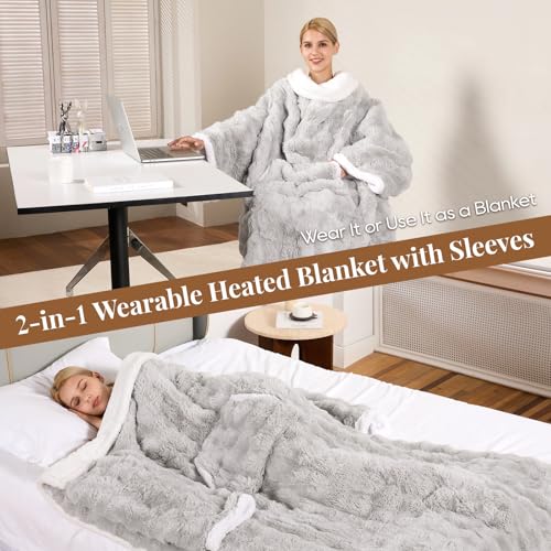 Wearable Heated Blanket, Luxury Faux Fur & Sherpa Electric Throw Blanket with Sleeves, Foot Pockets, Heated Robe for Women...