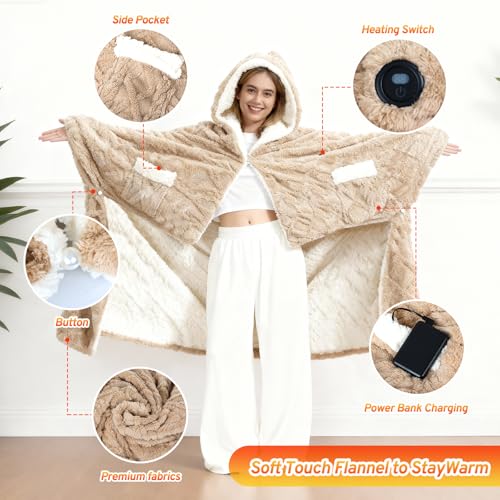 Heated Throw Blanket Wearable Battery Operated, 59" x 63" Cordless Portable Electric Blanket Wrap Poncho, Outdoor Heated S...
