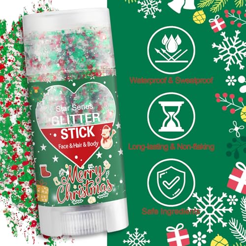 Christmas Body Glitter Stick, Waterproof Halloween Face Glitter Gel, Chunky Glitter Face Paint, Green Red White Sequin Hai...