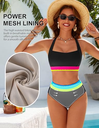 Blooming Jelly Womens High Waisted Bikini Sets Tummy Control Two Piece Bathing Suit Sporty Neon Color Block Swimsuits