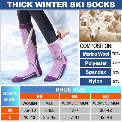 3 Pairs Merino Wool Ski Socks Thermal Warm Winter Thick Knee High Snowboarding Skiing Socks for Women Men