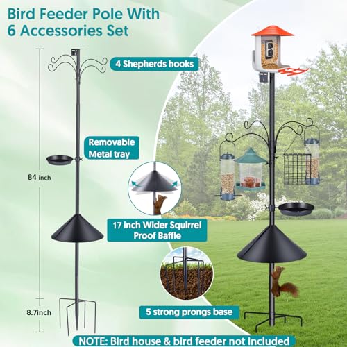 Bird Feeder Pole 92 Inch True Heavy Duty Birdhouse Pole with Squirrel Proof Baffle for Outdoor, Adjustable Bird Feeder Sta...