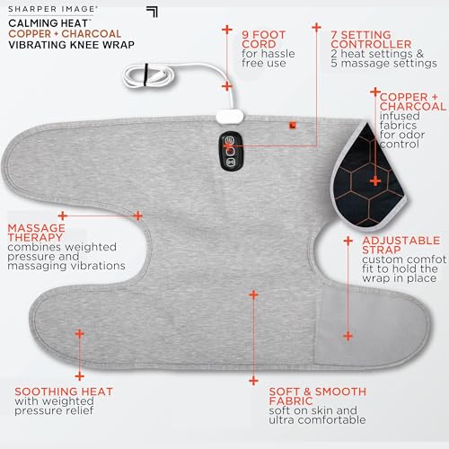 Calming Heat Knee Wrap by Sharper Image | Weighted Copper & Charcoal, Heating Pad, Auto Shut-Off Feature, Gift for Holiday...