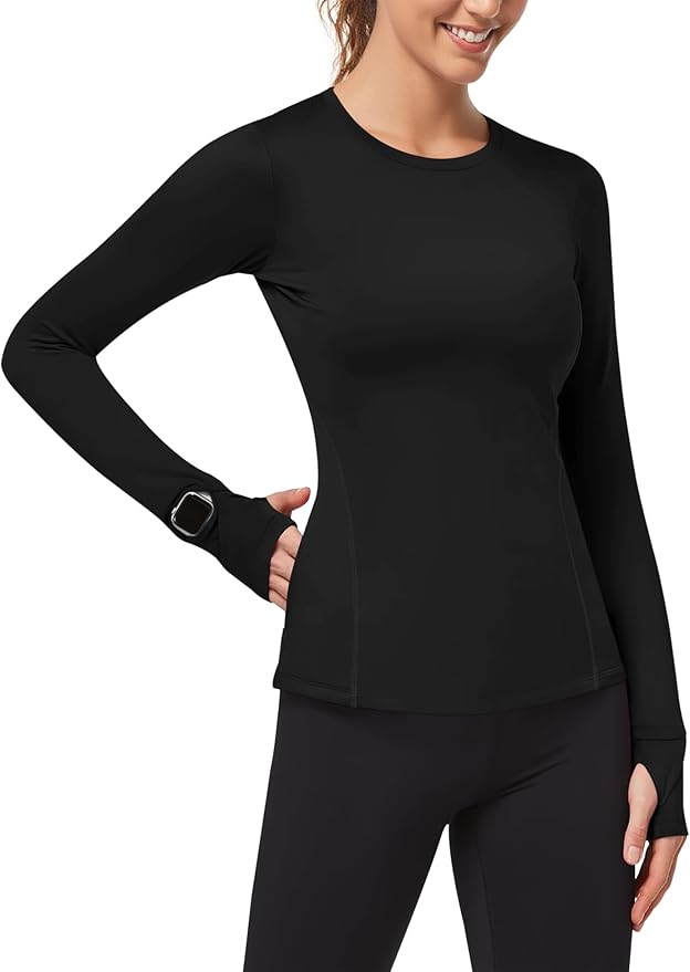 Loovoo Thermal Shirts for Women Long Sleeve Workout Tops Crewneck Fleece Base Layer Running Athletic Tee with Zipper Pocket