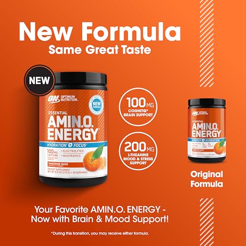 Optimum Nutrition Amino Energy Powder Plus Hydration, with BCAA, Electrolytes, and Caffeine, Tangerine Wave, 30 Servings (...