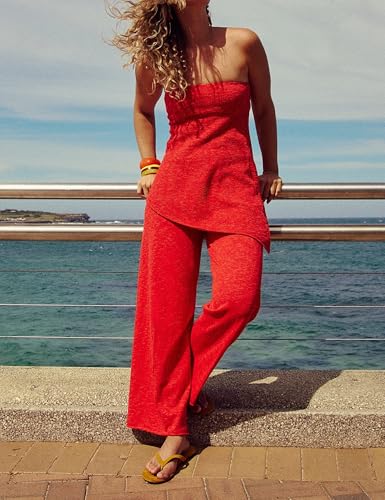 Anoumcy 2 Piece Sets for Women Tube Tops and Pants Lounge Sweater Sets Summer Beach Travel Vacation Outfits