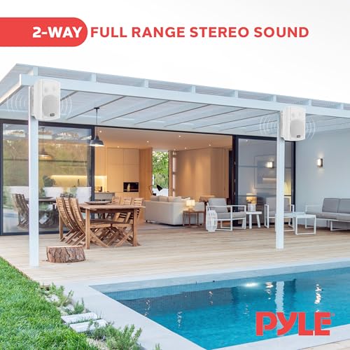 Pyle Wall Mount Bluetooth Home Speaker System - Active + Passive Pair, Wireless, Water-resistant, Stereo Sound, AUX IN (Wh...