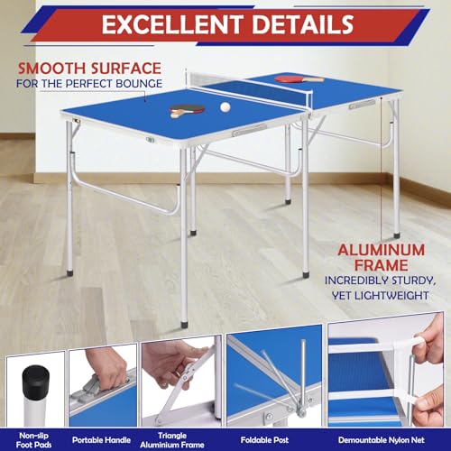 REAHOISY Mid-Size Portable Ping Pong Table, Compact Foldable Table Tennis Table Set w/Net, 2 Paddles & 2 Balls for Indoor ...
