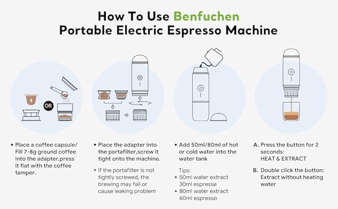 BENFUCHEN Portable Espresso Machine For Travel, Self-Heating Electric Espresso Maker, 19 Bar Portable Electric Espresso Machine For Camping On the Go For Ground Coffee and NESPRESSOpods, Brown