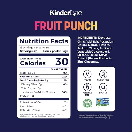 Kinderlyte Electrolyte Powder for Kids and Adults - Drink Mix Hydration Packets (Fruit Punch, 16 Count), No Artificial Swe...
