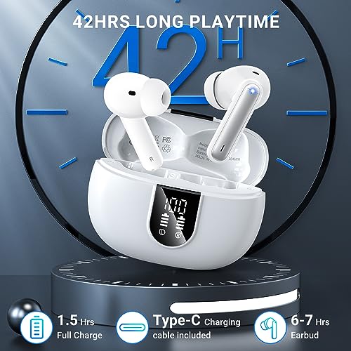 Wireless Earbuds, 2024 Wireless Headphones HiFi Stereo Earphones with 4 ENC Noise Canceling Mic, 42Hs Playtime In Ear Earb...