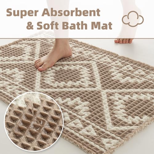 PADOOR-Waffle Bath Mat-Super Absorbent Bath Mats for Bathroom, Machine Washable Non Slip Bathroom Rug with Tassels, Soft B...