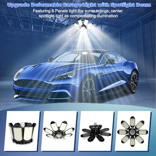POLARPRA LED Garage Light - 2Pack Bright 50000LM Garage Lights Ceiling Led w/ 8 Deformable Panels 6500K Led Light Bulb Sre...