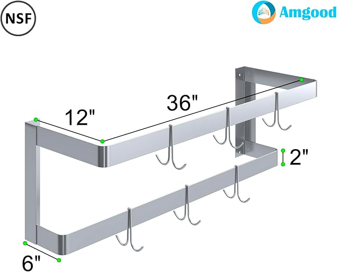 AmGood 36 in. Wall-Mounted Stainless Steel Double-Line Pot Rack. Includes 6 double pring hooks
